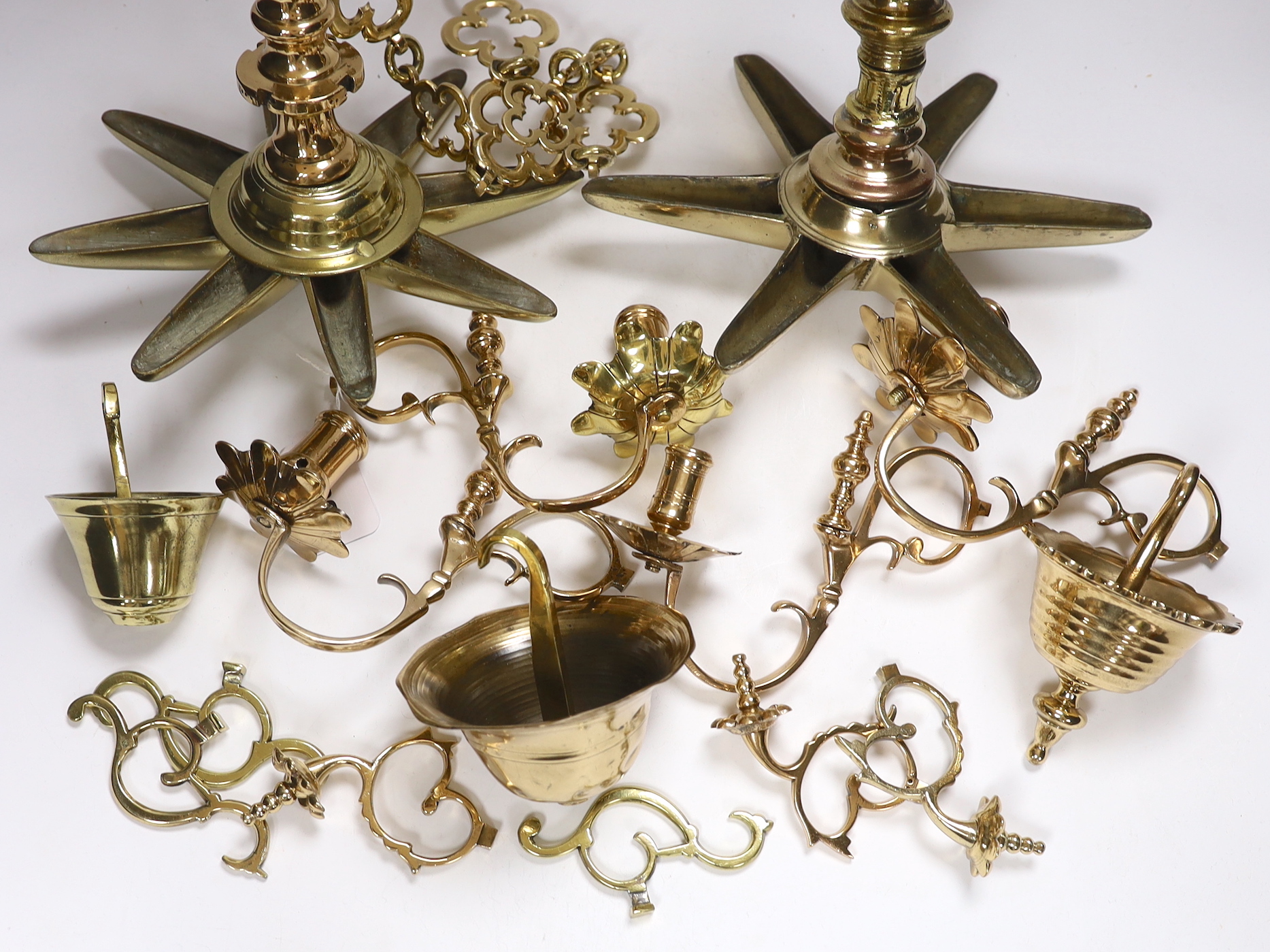 Judaica - two brass Sabbath lamps, one including chain (2), tallest (including chain) 95cm long, and associated arms etc.